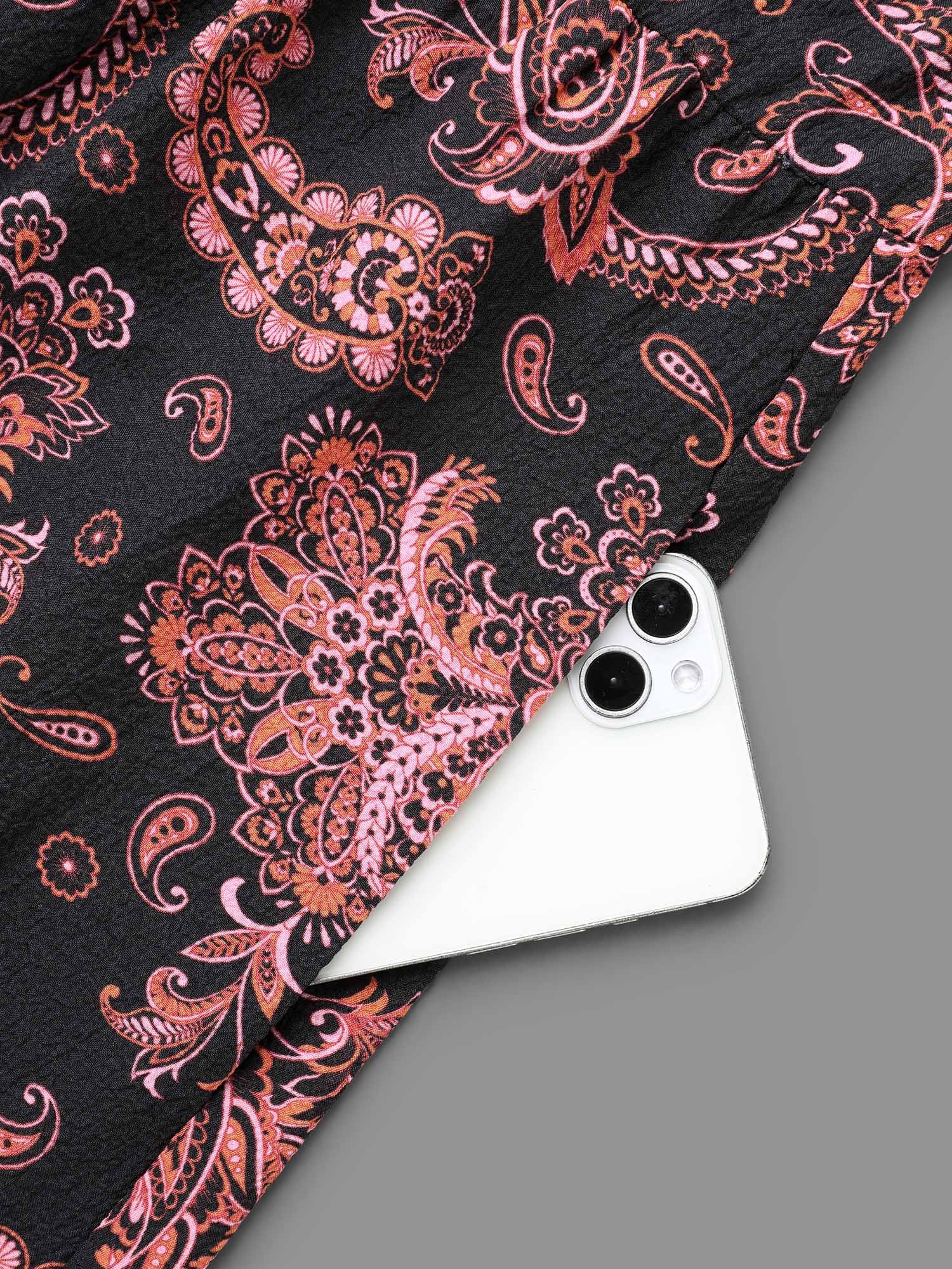 Boho Print Notched Collar Lantern Sleeve Dress