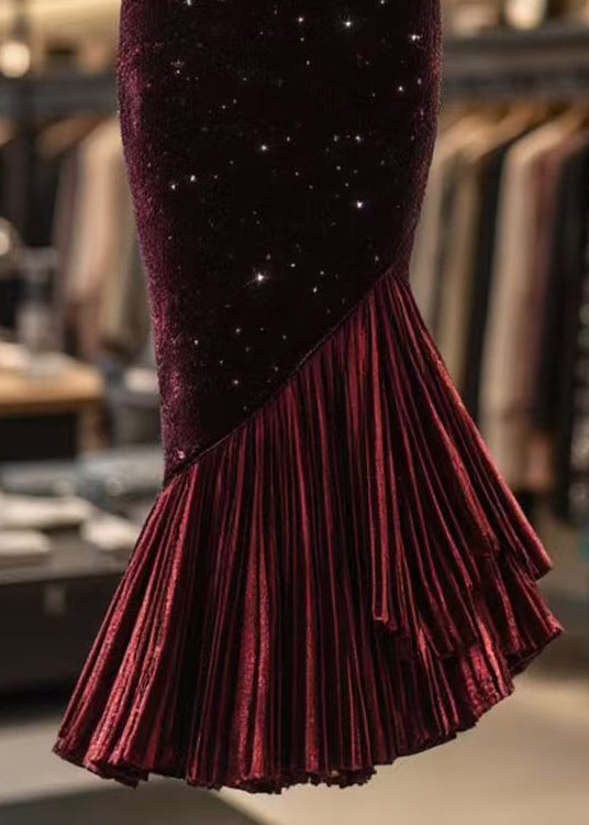 Slim Fit Red Wrinkled High Waist Velour Fishtail Skirts Spring