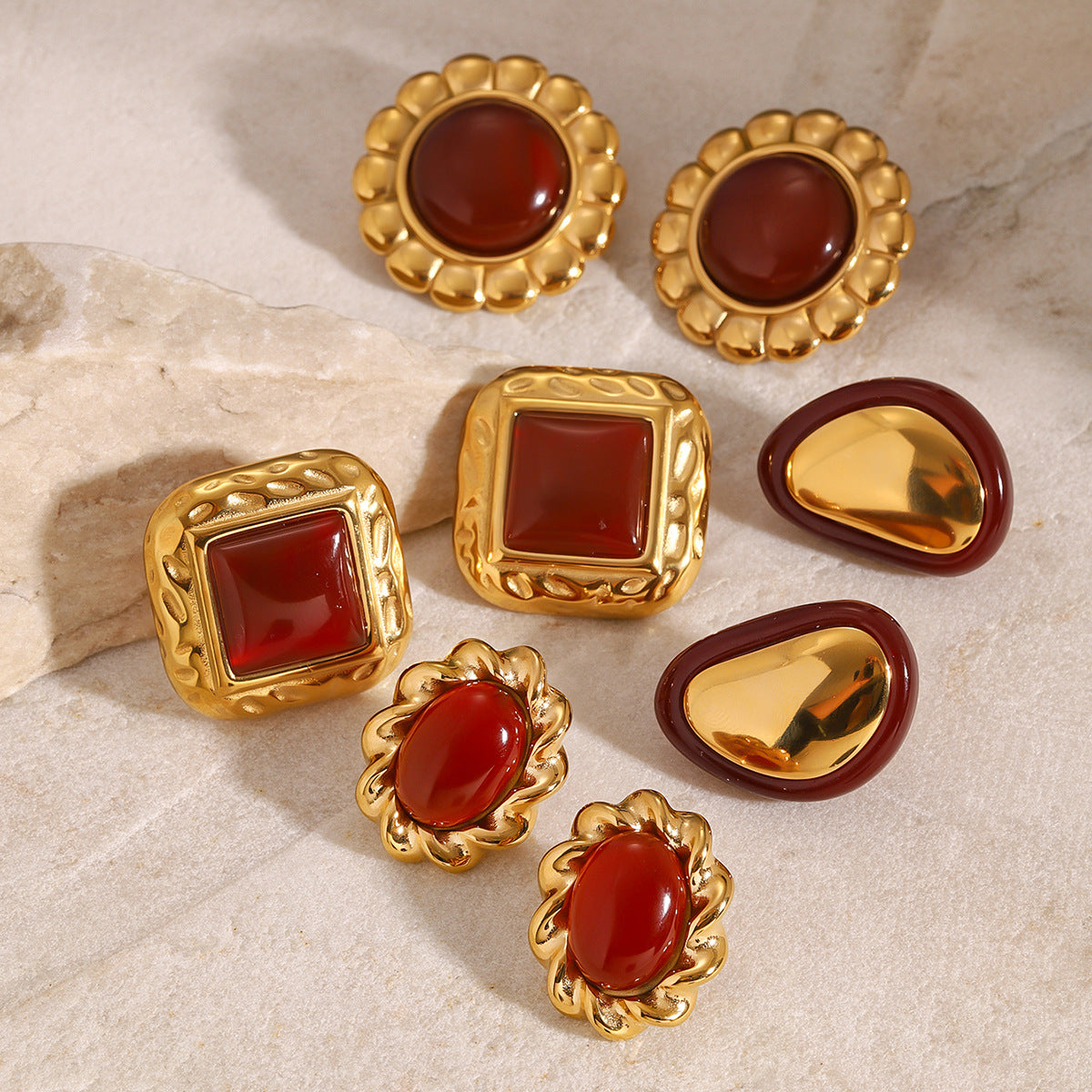 Jie Ding Stainless Steel Red Agate Earrings Zircon Earring Niche Earring