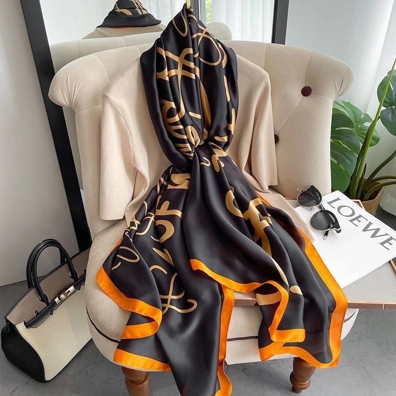 Women's Fashion Letter Plaid Satin Printing Silk Scarves