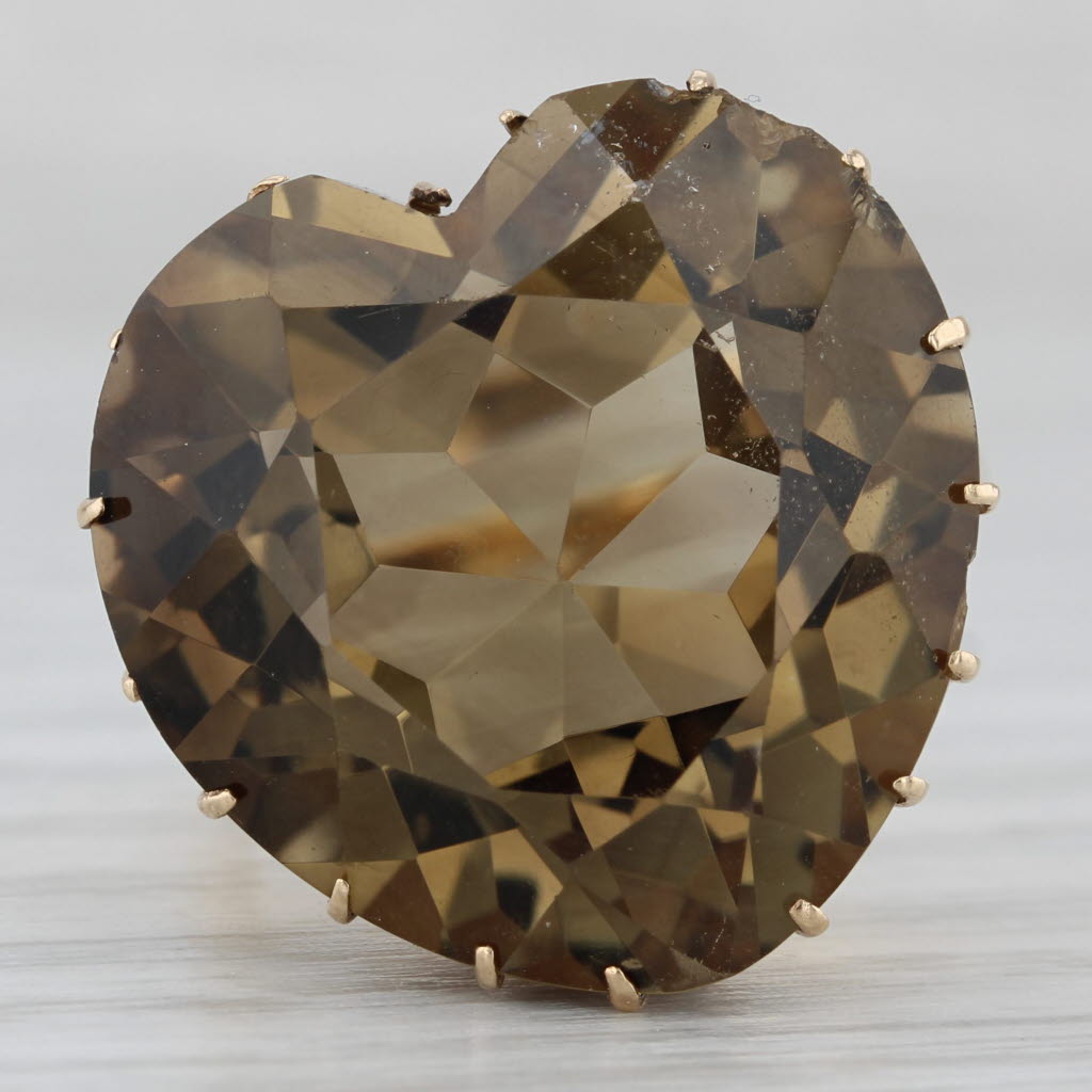 Large 26ct Smoky Quartz Heart Ring 14k Yellow Gold Size 7.25 Statement Cocktail