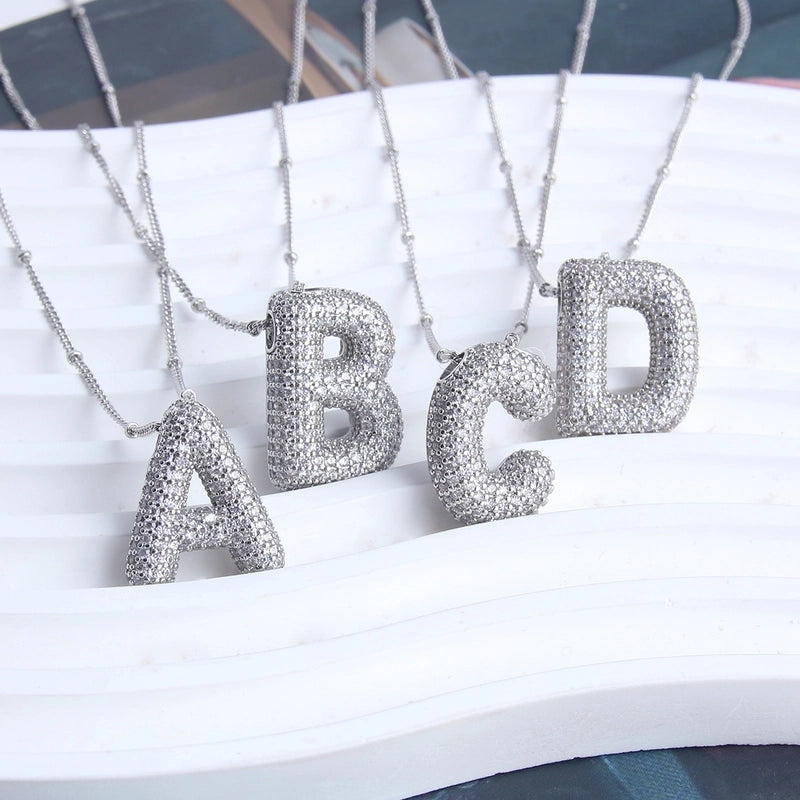 304 Stainless Steel Copper Rhodium Plated Three-dimensional Inlay Letter Zircon Pendant Necklace