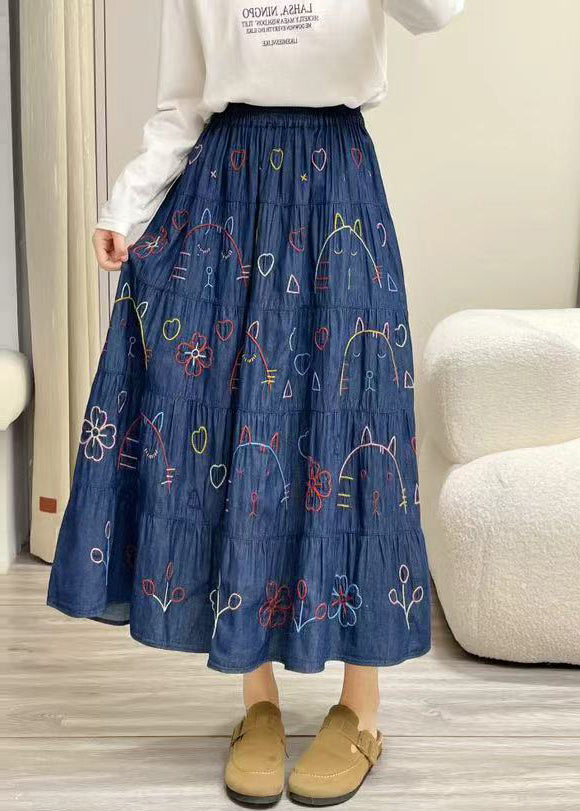 Fitted Navy Print Exra Large Hem Denim Skirt Summer