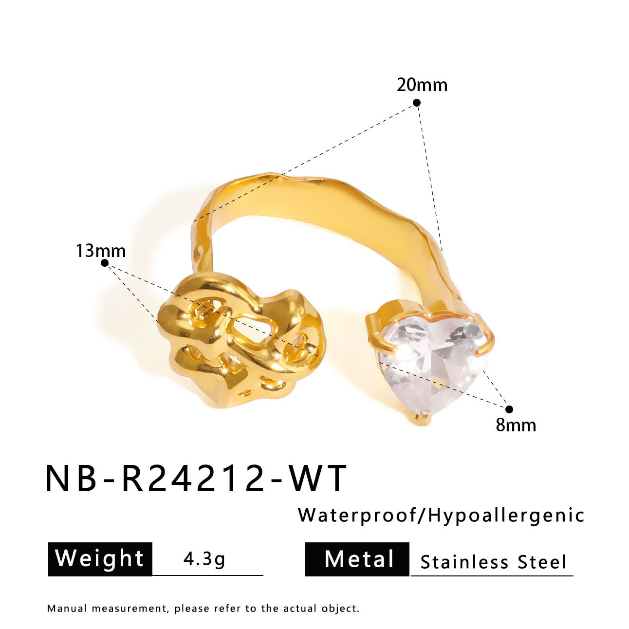 Retro Design Shiny Zircon Ring Stainless Steel Ring Open Personality Niche Jewelry