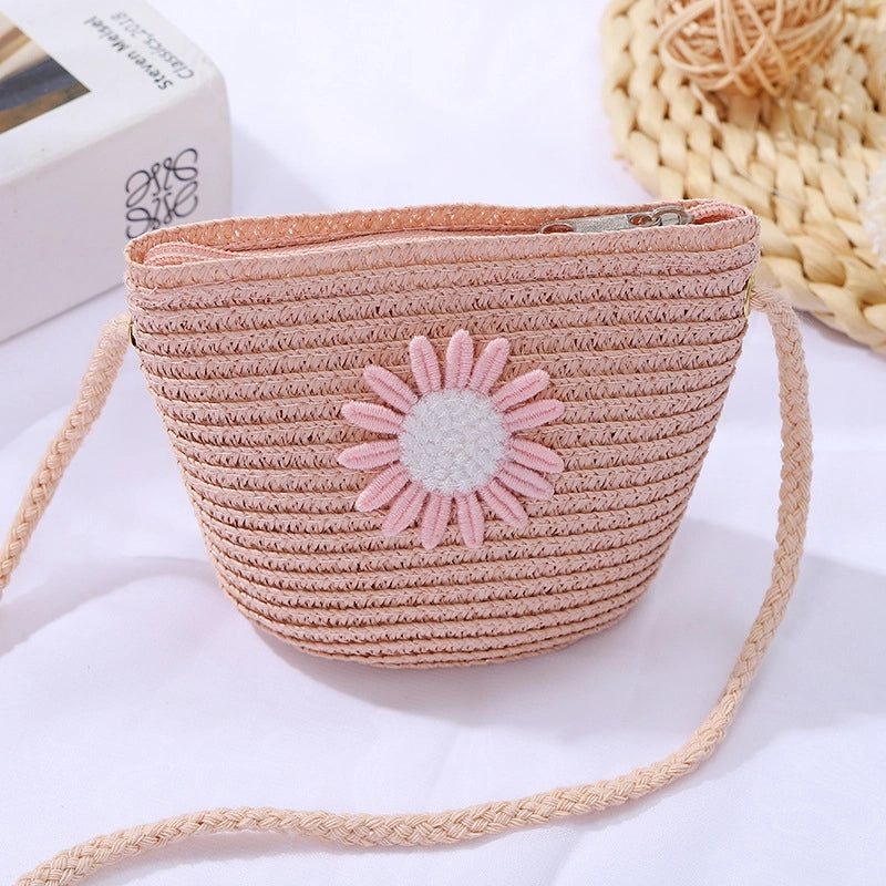 Women's Mini Straw Daisy Vintage Style Round Zipper Straw Bag