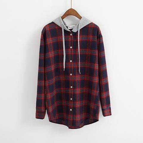 Flannel Plaid Hooded Long Sleeve Shirt