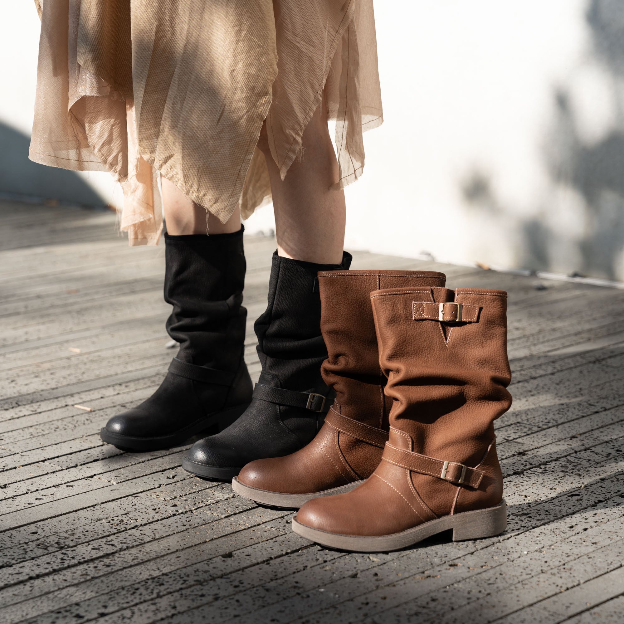 Designer Leather Mid Calf Boots Fold Design Riding Boots Buckle Detail in Brown/Black/Gray/Coffee