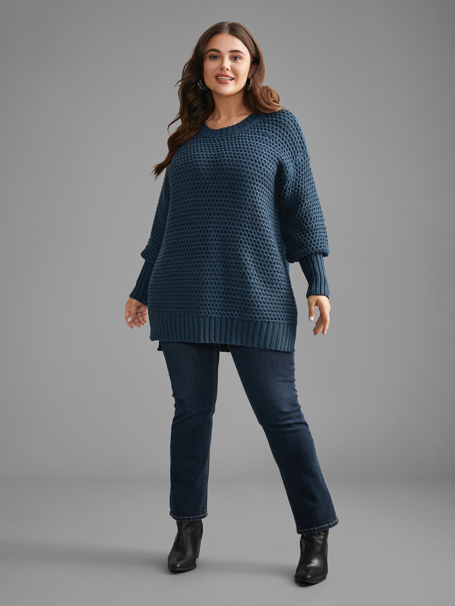 Texture Drop Shoulder Split Hem Pullover