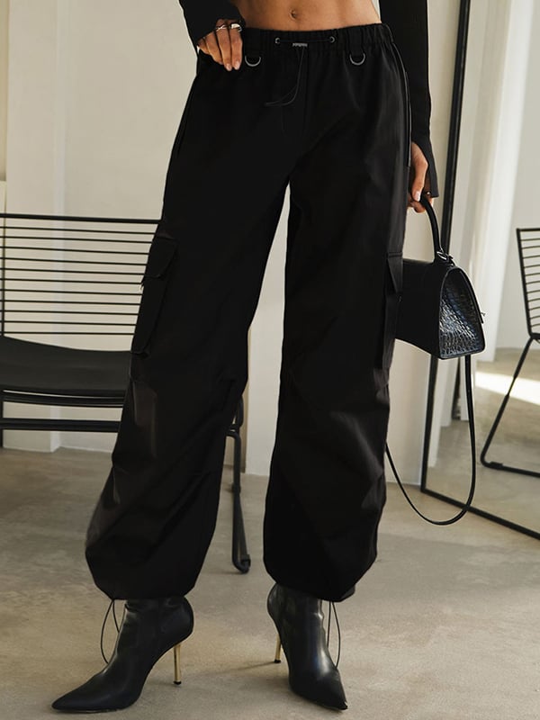 High Waisted Loose Drawstring Elasticity Pockets Split-Joint Pants Trousers