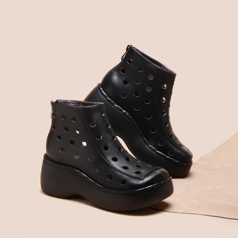 Cut Out Summer Boots Breathable Leather Short Boots in Black/White