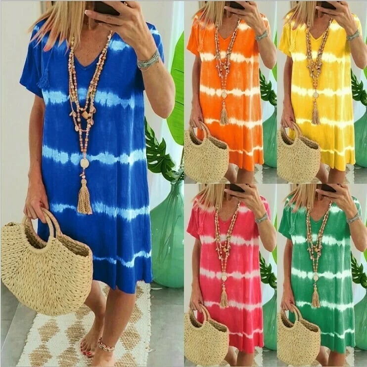 🔥OFERTA RELÁMPAGO - 49% OFF🔥🔥Vestido Estilo Camiseta Holgado De Manga Corta A Rayas Con Efecto Tie-Dye