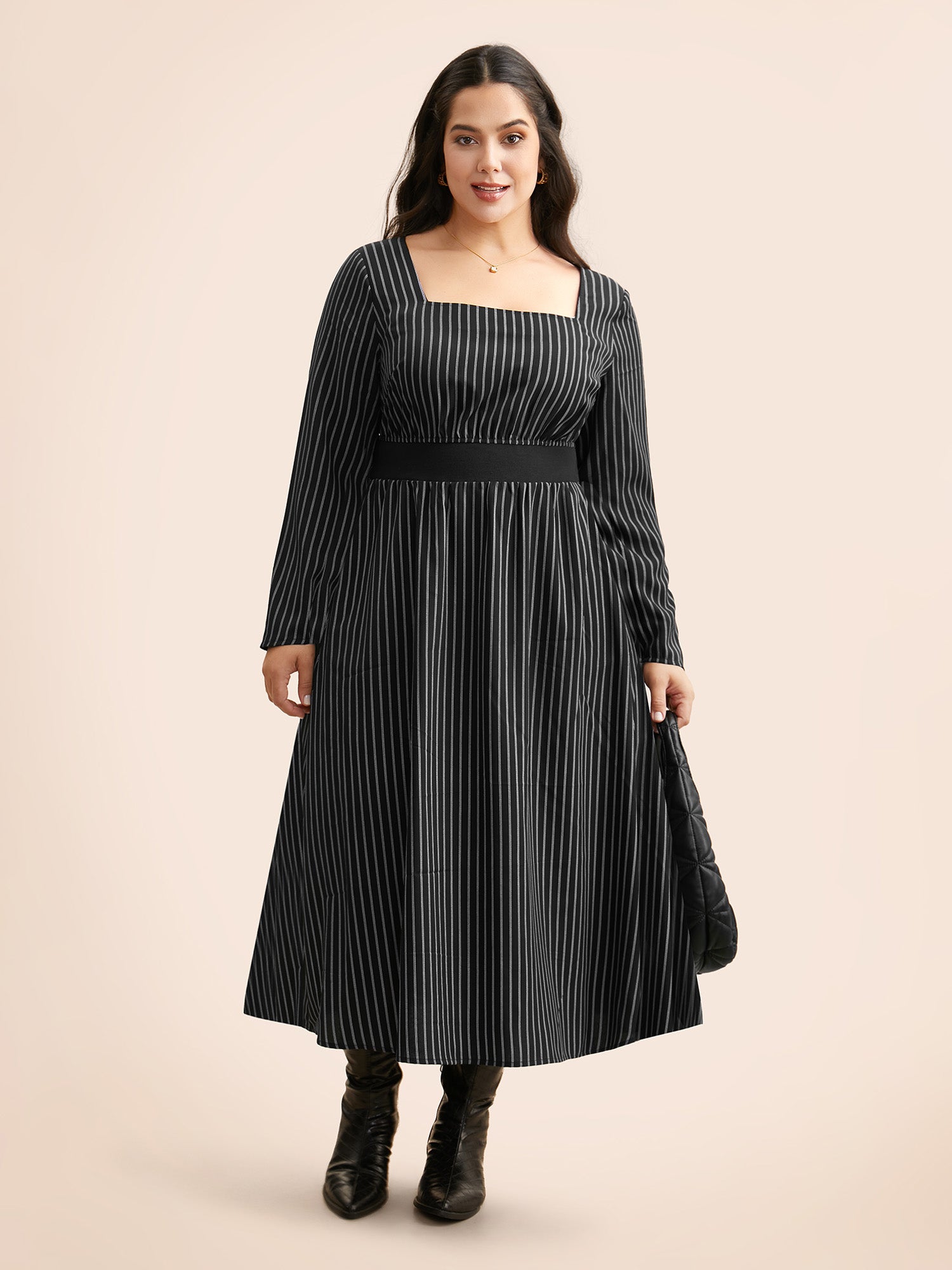 Square Neck Striped Patchwork Midi Dress