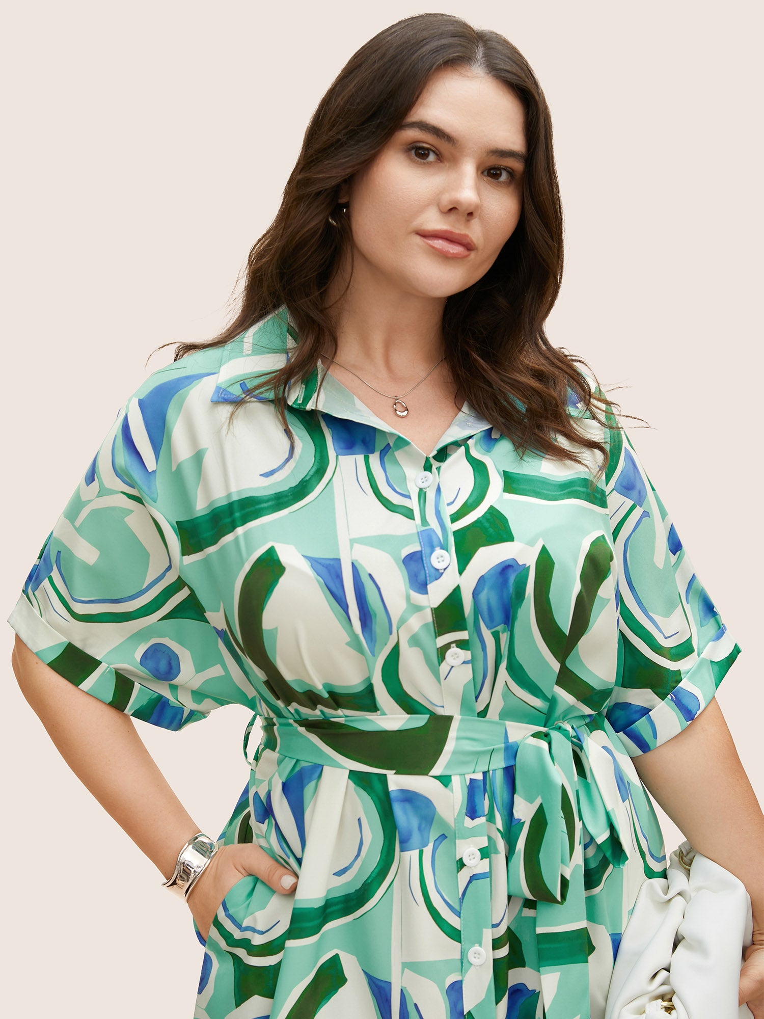 Geometric Elastic Waist Drop Shoulder Sleeve Midi Dress