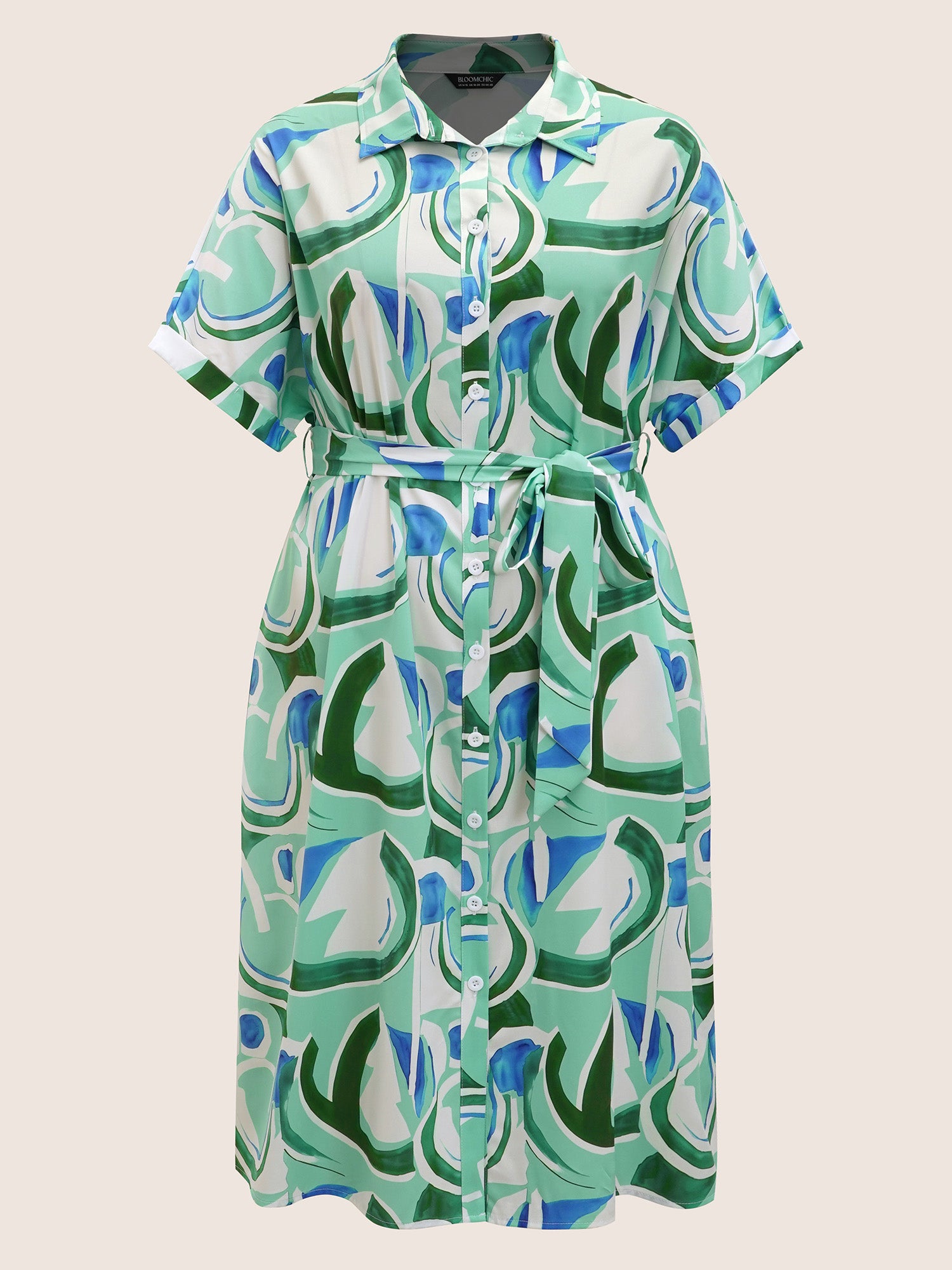 Geometric Elastic Waist Drop Shoulder Sleeve Midi Dress