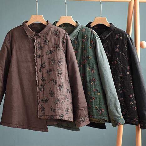 Style Lapel Asymmetric  Coats Women Blouses Chocolate Print Art Jackets
