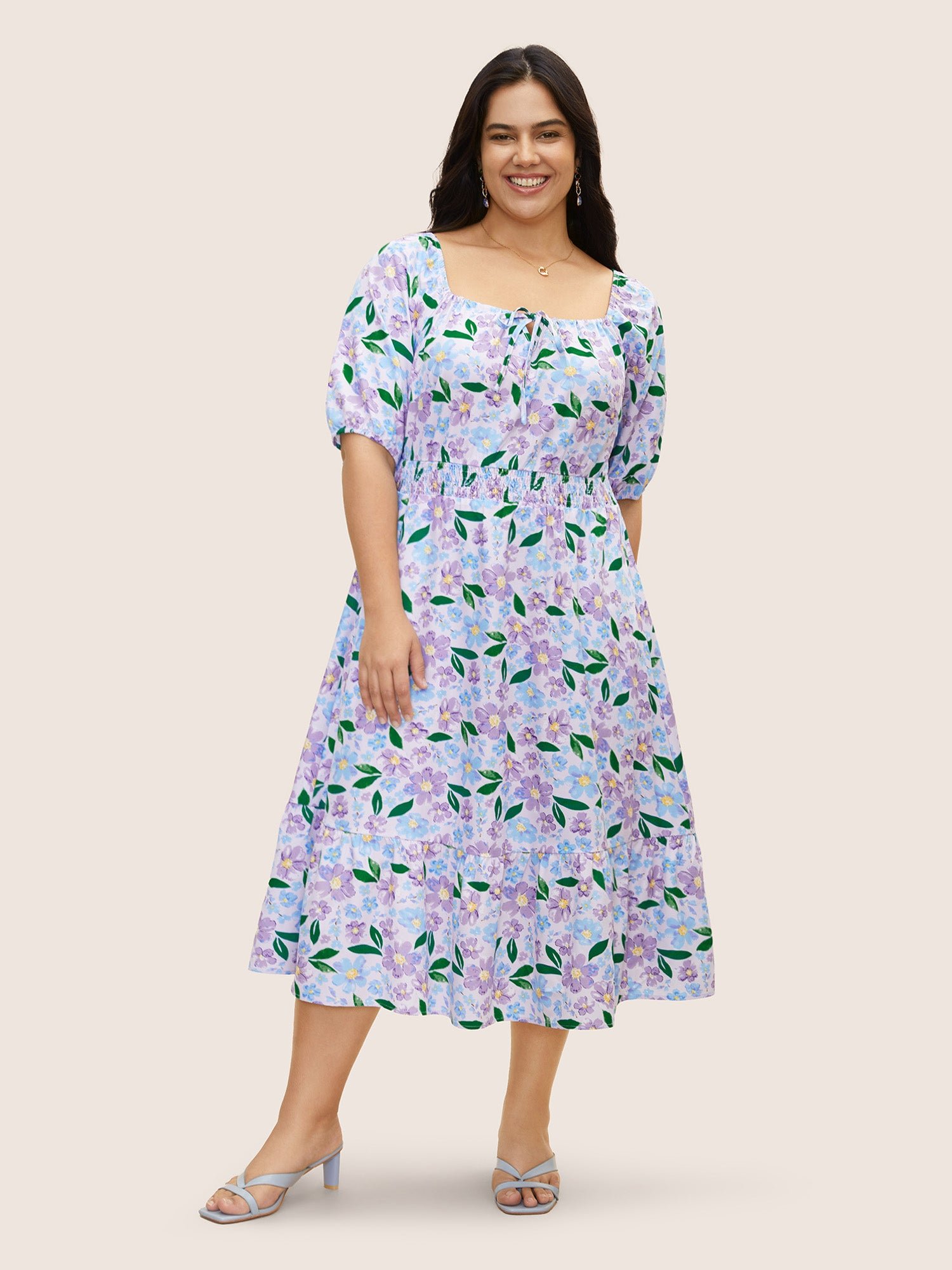 Floral Tie Knot Lantern Sleeve Midi Dress