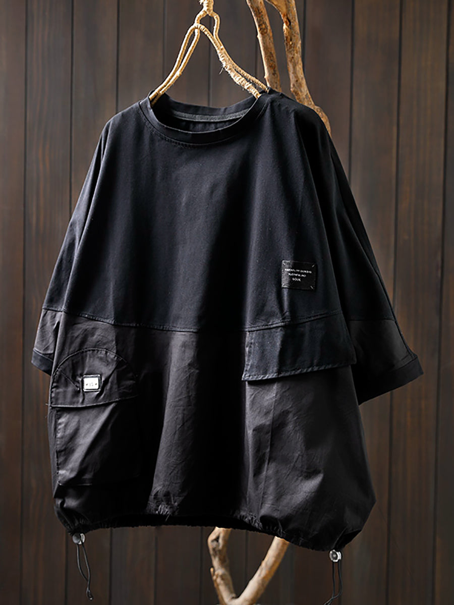 Women Summer Pocket Pure Color O-Neck Cotton Shirt
