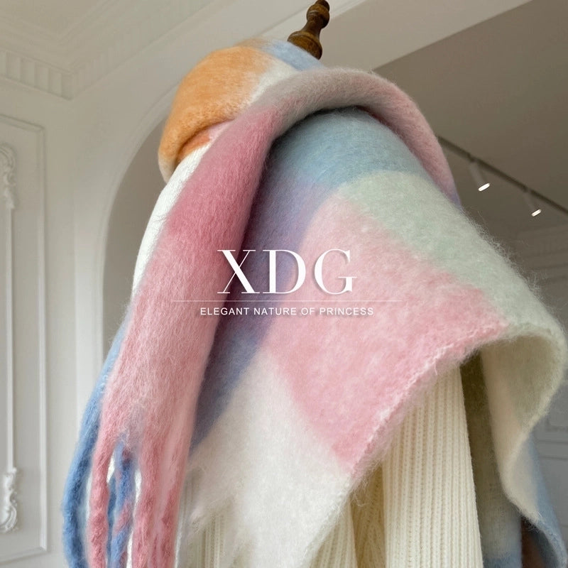 Famous High-grade Delicate Soft Gradient Color Plaid Color Matching Tassel Cashmere-like Shawl Net Red Scarf