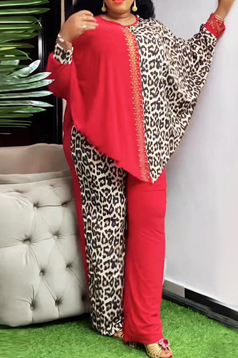 Casual Leopard Print Patchwork Hot Drill O Neck Plus Size Two Pieces