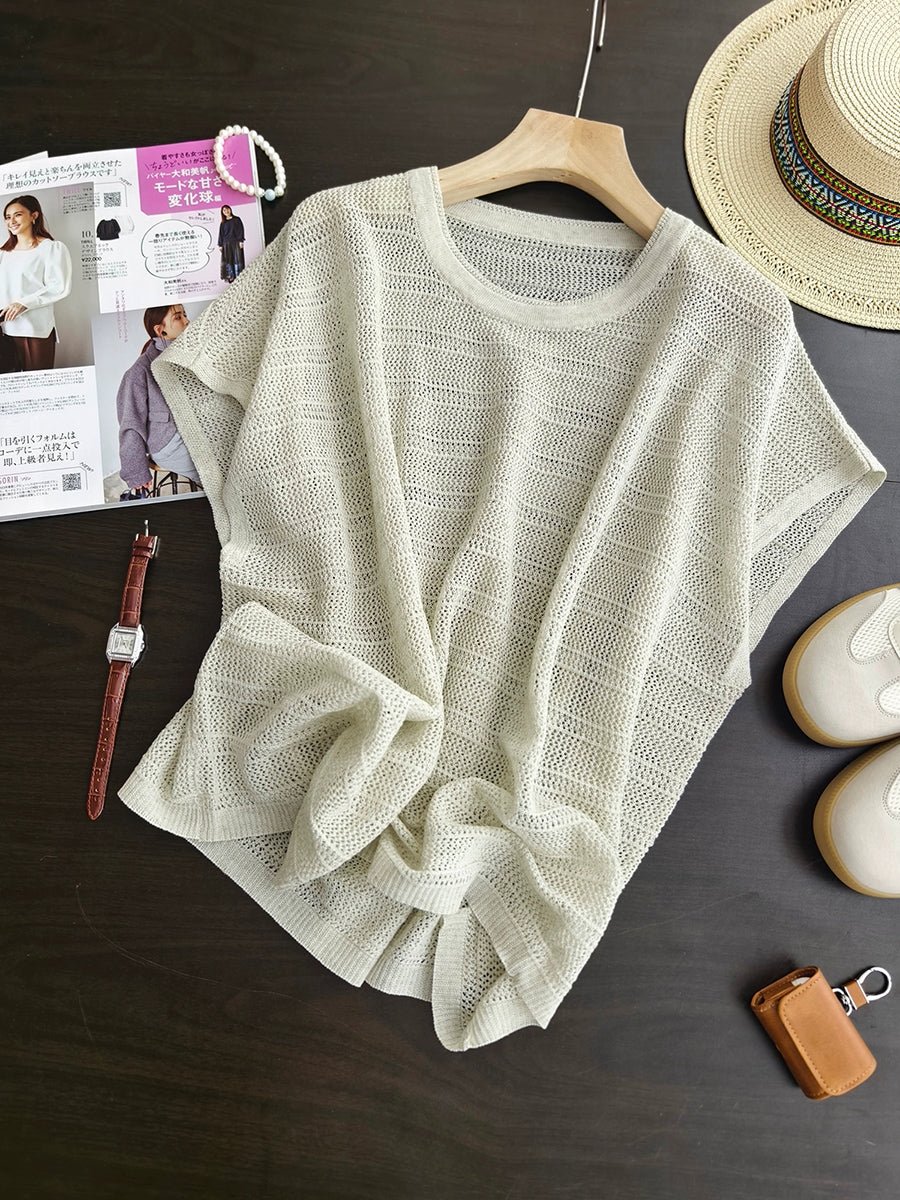 Women Summer Casual Pure Color Knitted O-Neck Shirt
