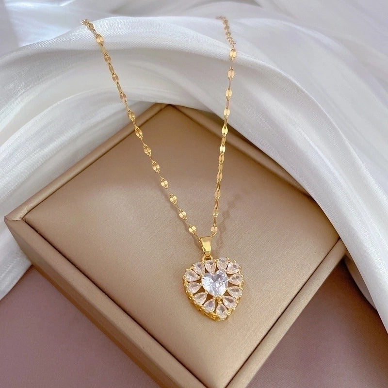 2 Pieces Minimalist Classic Style Geometric Heart Shape Titanium Steel Copper Zircon Pendant Necklace In Bulk