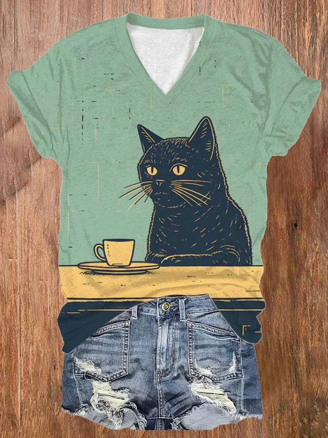 Women's Black Cat Chilling Coffee Art Print V-Neck Casual T-Shirt