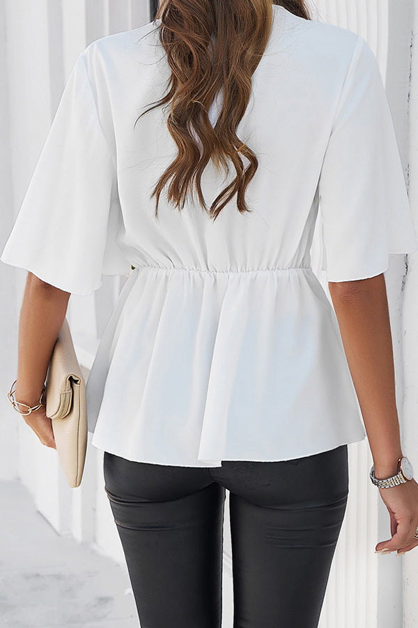 V Neck Solid Color Tie Waist Casual Tops