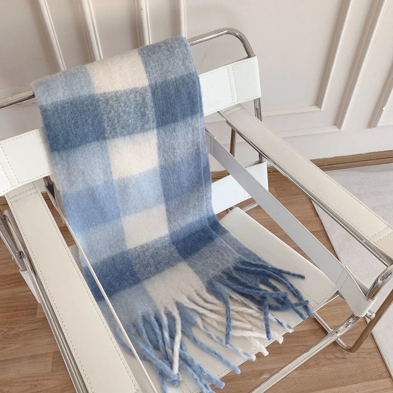 Mohair Plaid Scarf Women's Winter  Versatile Tassel Student Long Thickened Warm Scarf Large Shawl Fashion