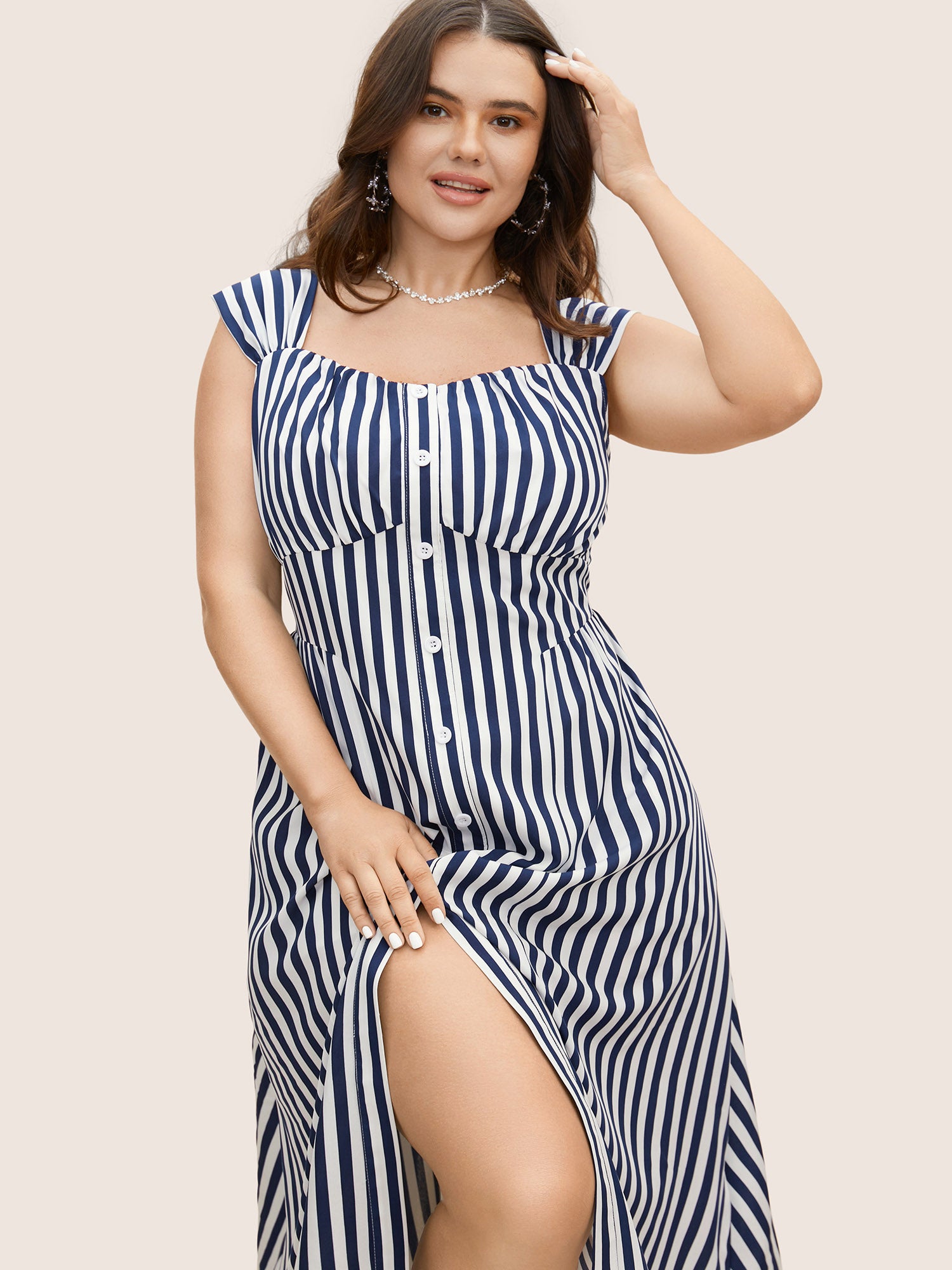 Striped Button Detail Split Front Midi Dress