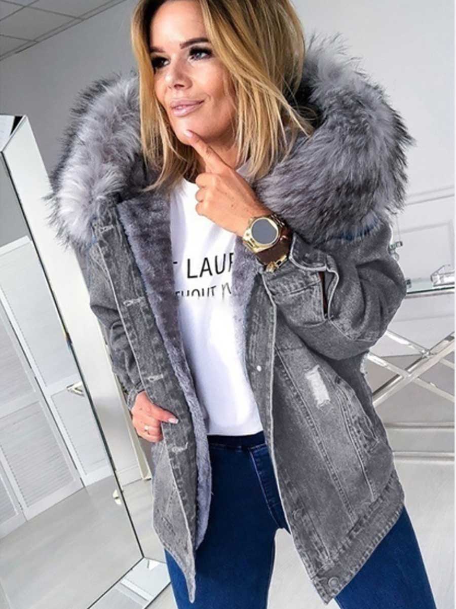 Padded Warm Hole Large Fur Collar Denim Jacket(4 colors)