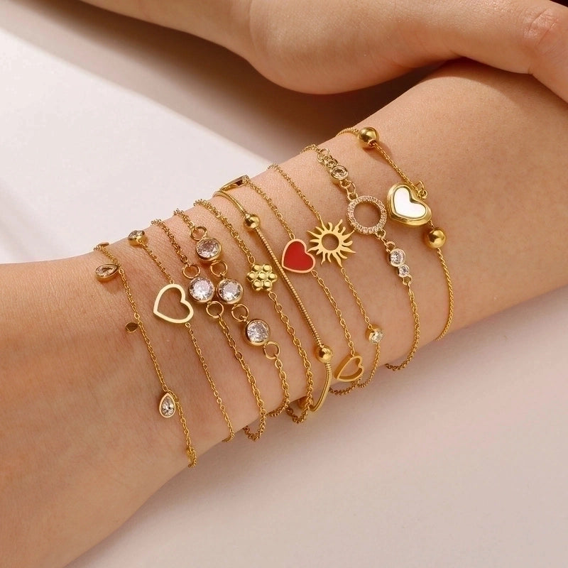 Round Heart Shape Flower 304 Stainless Steel 18K Gold Plated Zircon Bracelets In Bulk