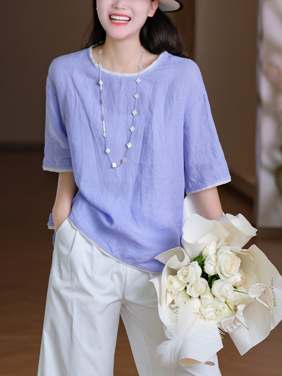 Women Summer Casual Pure Color O-Neck 100%Linen Shirt