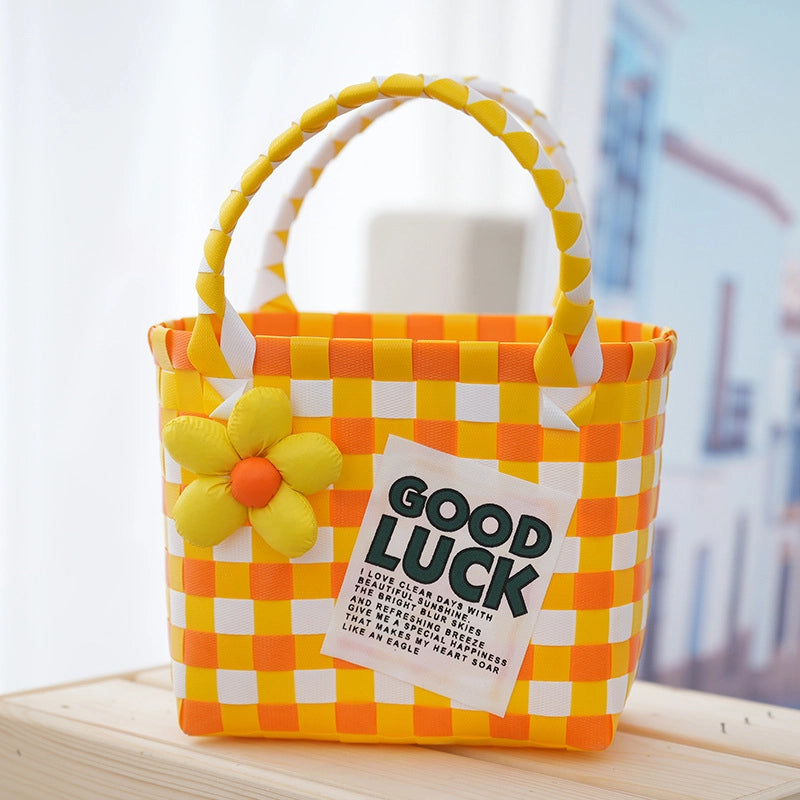 Women's PVC Color Block Plaid Vacation Weave Square Open Square Bag