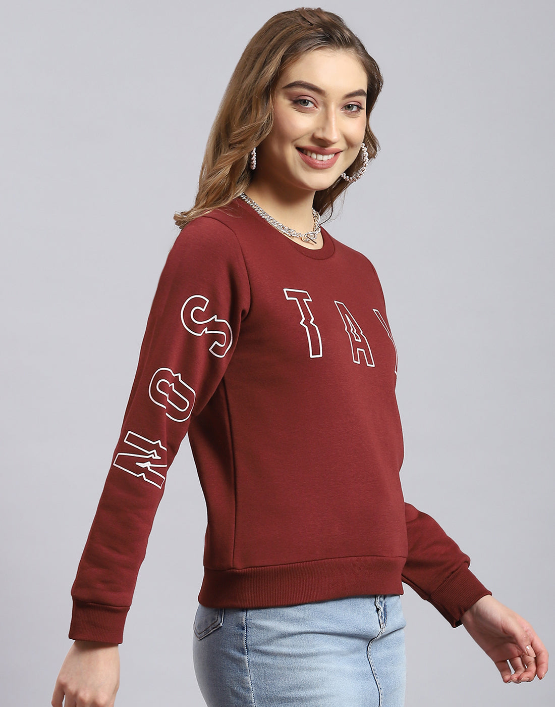 Women Brown Printed Round Neck Full Sleeve Sweatshirt