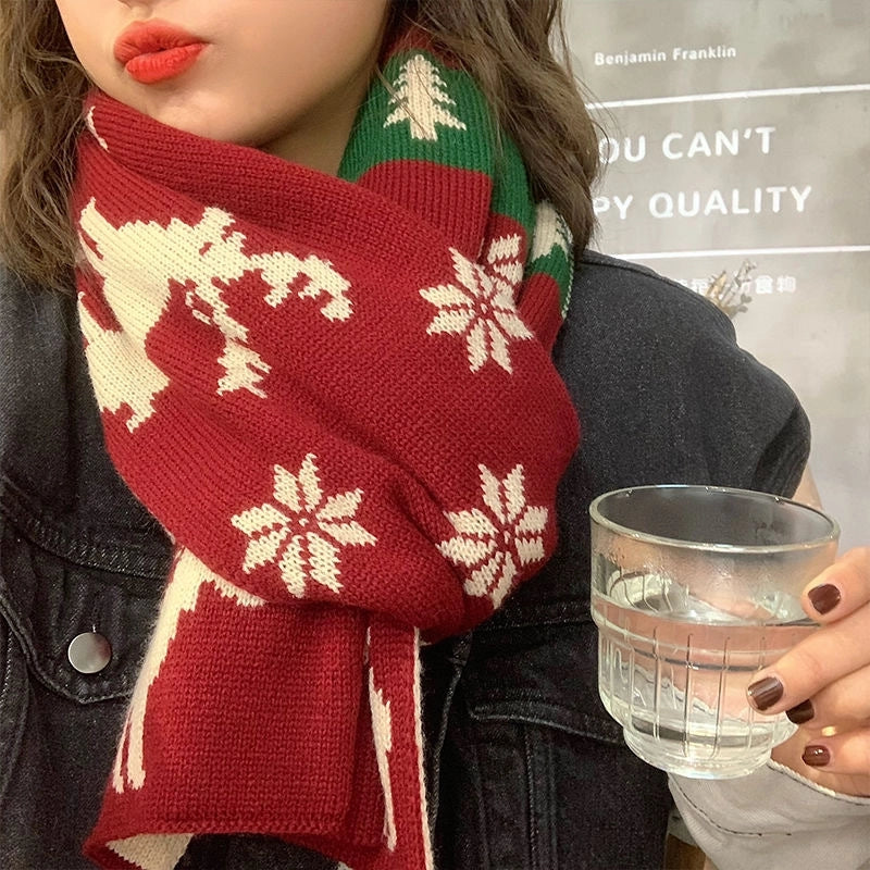 Christmas Elk Big Scarf Women's Autumn And Winter Versatile Cute Girl's Heart Long Knitted Wool Scarf Winter Warm