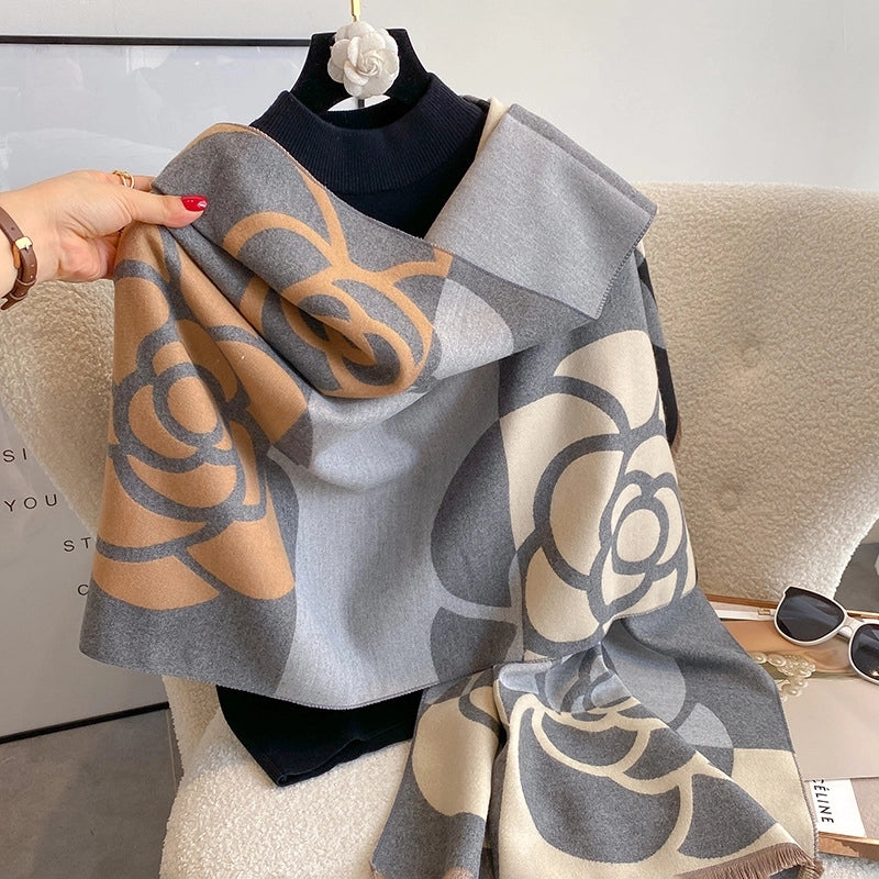Color Matching Camellia Elegant Cashmere Scarf For Women Double-sided Thickened Autumn And Winter Warm Air Conditioning Shawl