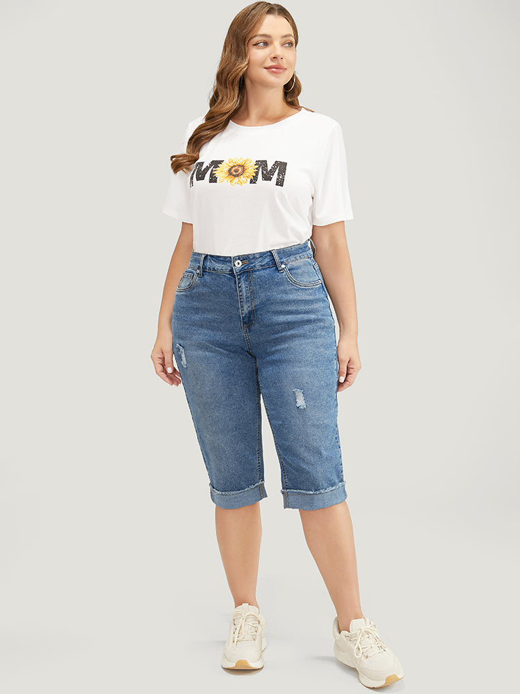 Moderately Stretchy Roll Hem Ripped Knee Denim Shorts