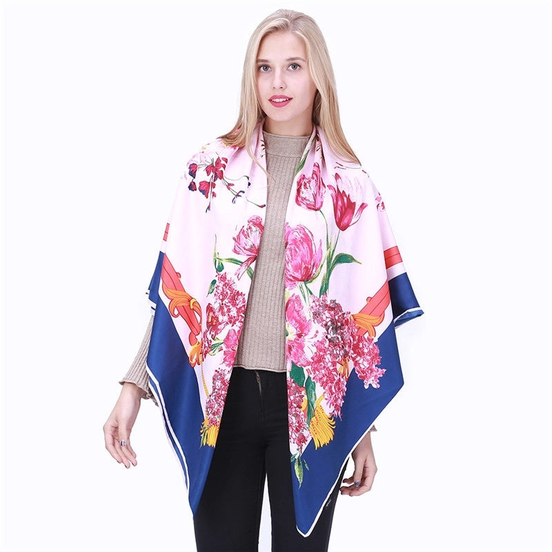 Fashion Imitation Silk Female 130cm Large Square Fringed Floral Print Shawl Scarf