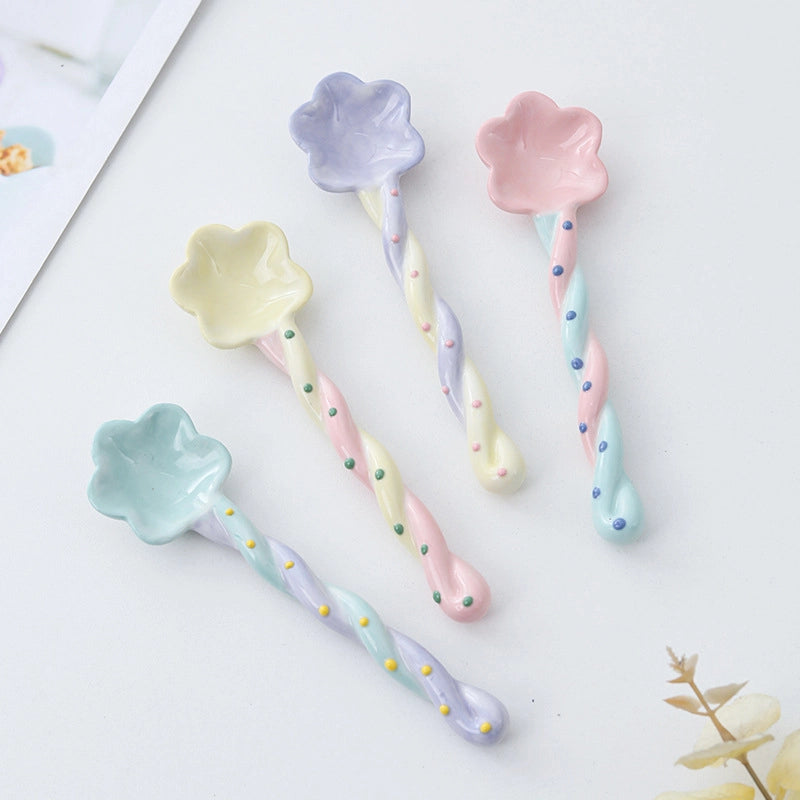 Ceramic Long Handle Spoon Household Spoon High-looking Cute Style Mixing Spoon Coffee Spoon Girl Heart Spoon
