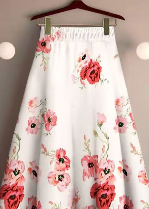 White Print Cotton Skirts Elastic Waist Summer