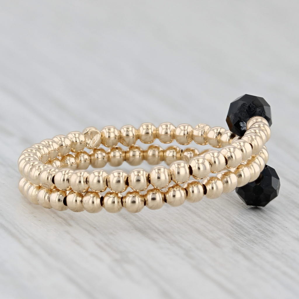 New Black Glass Bead Bypass Ring 14k Yellow Gold Adjustable Size 8