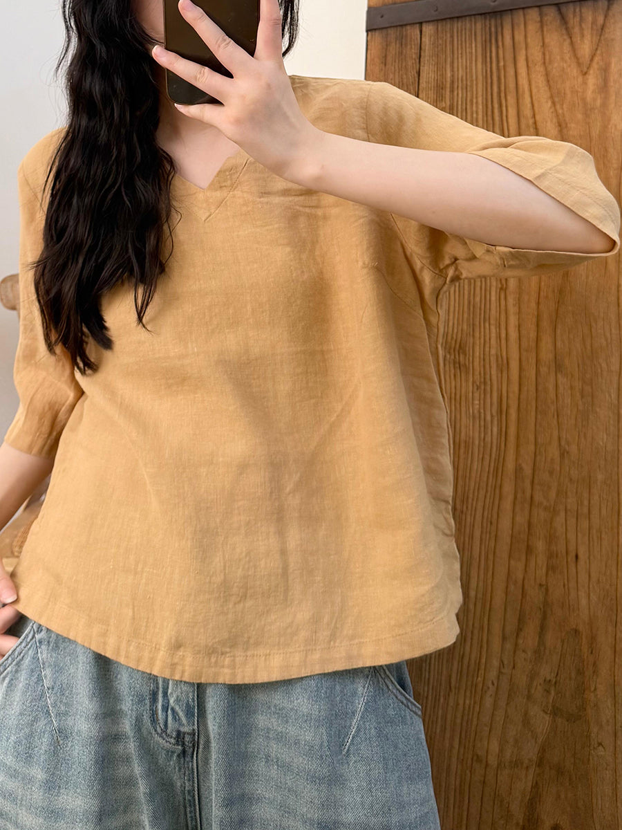 Women Summer Retro Pure Color V-Neck Linen Shirt