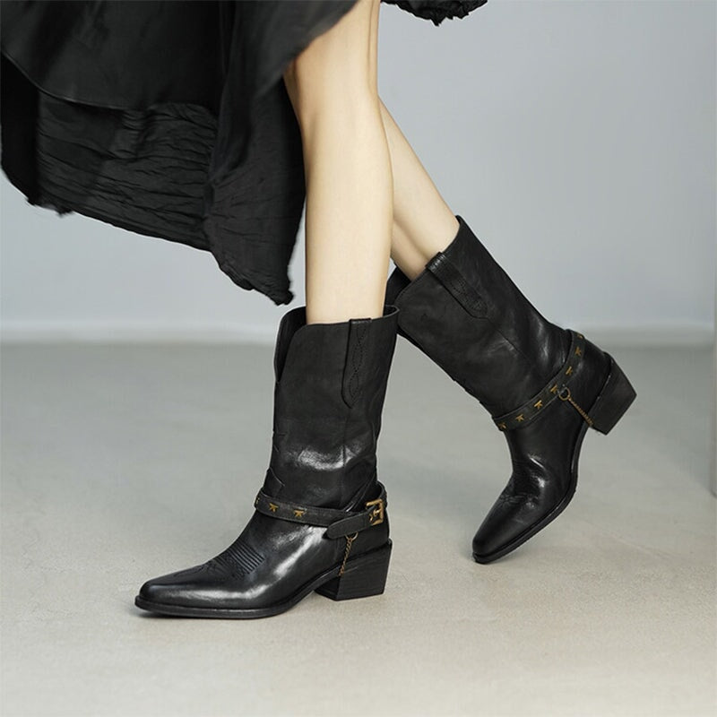 Top Cow Leather Western Boots Mid Calf Boots Block Heel - Khaki/Black Cowgirl Boots