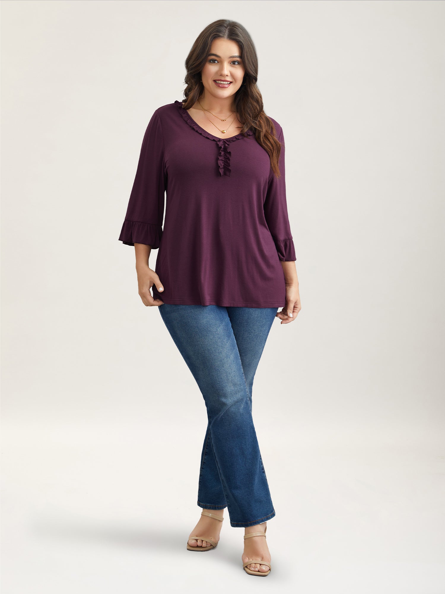Wood-Ear Collar Ruffled Sleeve Top