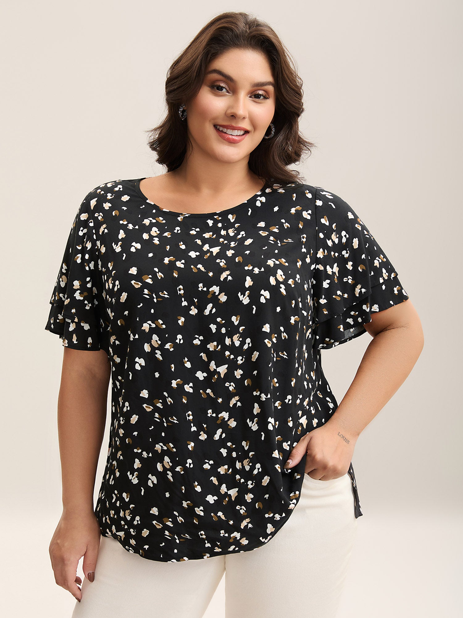 Leopard Dot Print Layered Sleeve Blouse