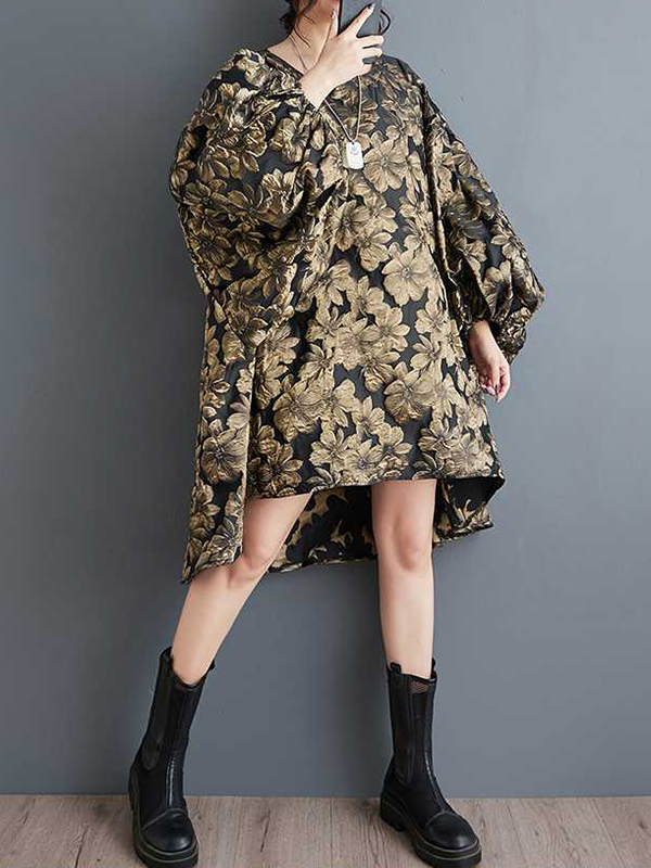 A-Line High-Low Elasticity Flower Print Jacquard Round-Neck Midi Dresses