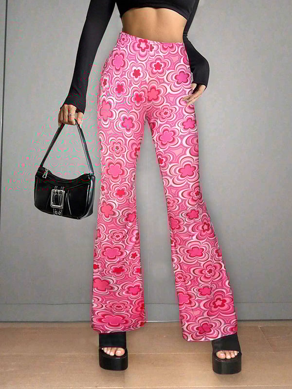High Waisted Loose Flower Print Split-Joint Flared Trousers Pants