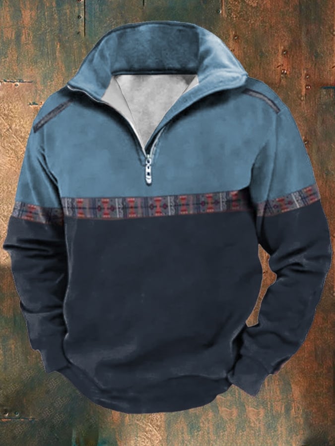 Men's Retro Western Print Lapel Long Sleeve Sweatshirt