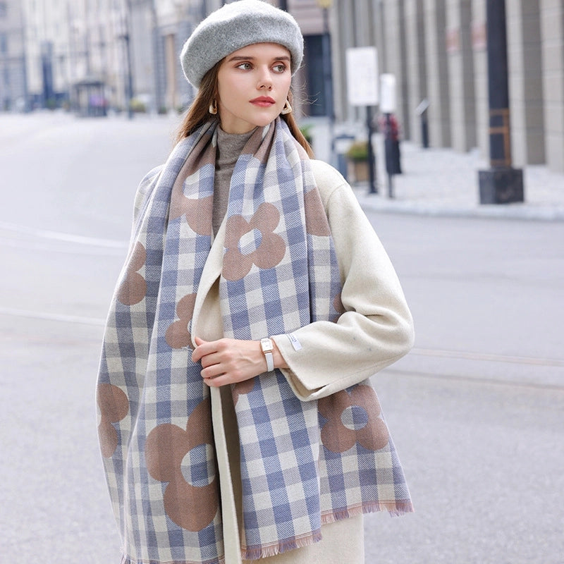 Women's Basic Plaid Flower Polyester Scarf