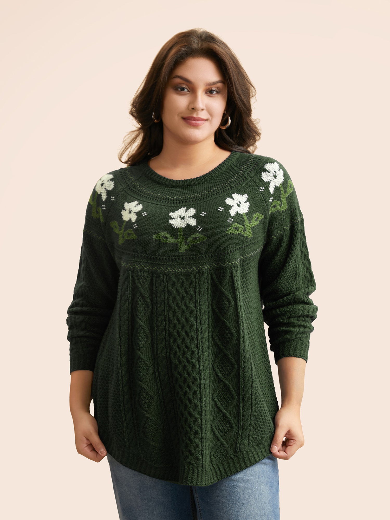 Floral Jacquard Raglan Sleeve Pullover